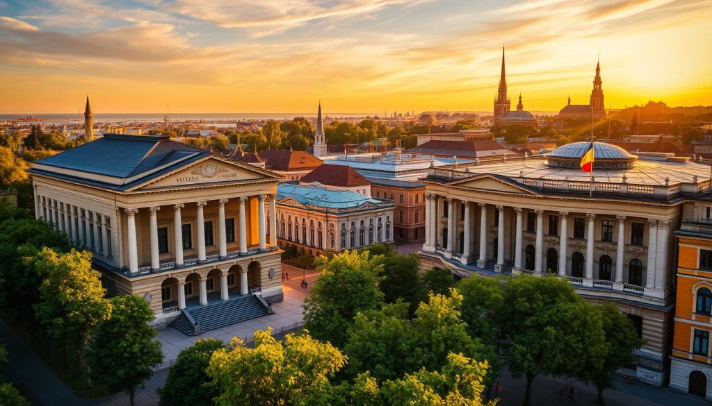 A magnificent cityscape of Odesa's museums, illuminated by warm, golden afternoon light. In the foreground, the iconic Odesa Archaeological Museum with its striking neoclassical facade stands tall, inviting visitors to explore the city's rich cultural heritage. In the middle ground, the fine art masterpieces of the Odesa Fine Arts Museum glimmer, surrounded by lush greenery and cobblestone streets. In the background, the spires of the Odesa City History Museum and the Odesa Maritime Museum rise, silhouetted against a vibrant sky. This scene captures the essence of Odesa's thriving museum district, a testament to the city's enduring artistic spirit. 7fishing.com.ua A magnificent cityscape of Odesa's museums, illuminated by warm, golden afternoon light. In the foreground, the iconic Odesa Archaeological Museum with its striking neoclassical facade stands tall, inviting visitors to explore the city's rich cultural heritage. In the middle ground, the fine art masterpieces of the Odesa Fine Arts Museum glimmer, surrounded by lush greenery and cobblestone streets. In the background, the spires of the Odesa City History Museum and the Odesa Maritime Museum rise, silhouetted against a vibrant sky. This scene captures the essence of Odesa's thriving museum district, a testament to the city's enduring artistic spirit. 7fishing.com.ua