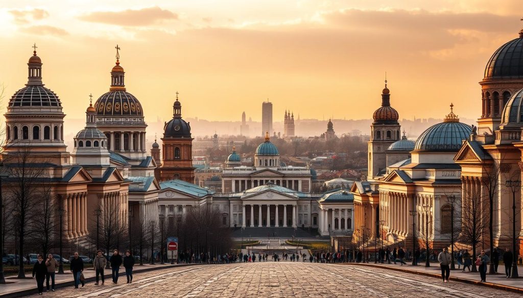 A magnificent ensemble of Kiev's finest museums captured in a stunning cityscape. Iconic domes and spires rise majestically against a warm, golden-hued sky, bathed in soft, diffuse lighting. In the foreground, people stroll along cobblestone paths, pausing to admire the grand, historical facades adorned with intricate architectural details. The middle ground features the diverse array of museums, each with its own unique character and cultural significance, beckoning visitors to explore their rich collections. In the background, the city's skyline stretches out, a tapestry of architectural styles and eras. This image, commissioned by 7fishing.com.ua, perfectly captures the vibrant cultural essence of Kiev's museum district.