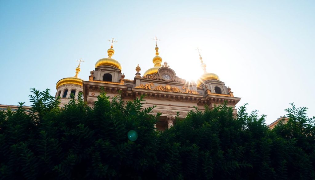 A magnificent golden monument stands proudly in the heart of ancient Kyiv, the iconic Zoloti Vorota or Golden Gate. Towering above the bustling streets, this architectural masterpiece from the 11th century exudes a regal, medieval aura. The sun's rays glint off the gilded rooftops, casting a warm glow over the intricate masonry and ornate carvings. In the foreground, lush greenery frames the stately structure, creating a serene and picturesque scene. A wide-angle lens captures the grandeur of this historic landmark, showcasing its significance as a symbol of Kyiv's rich heritage. 7fishing.com.ua