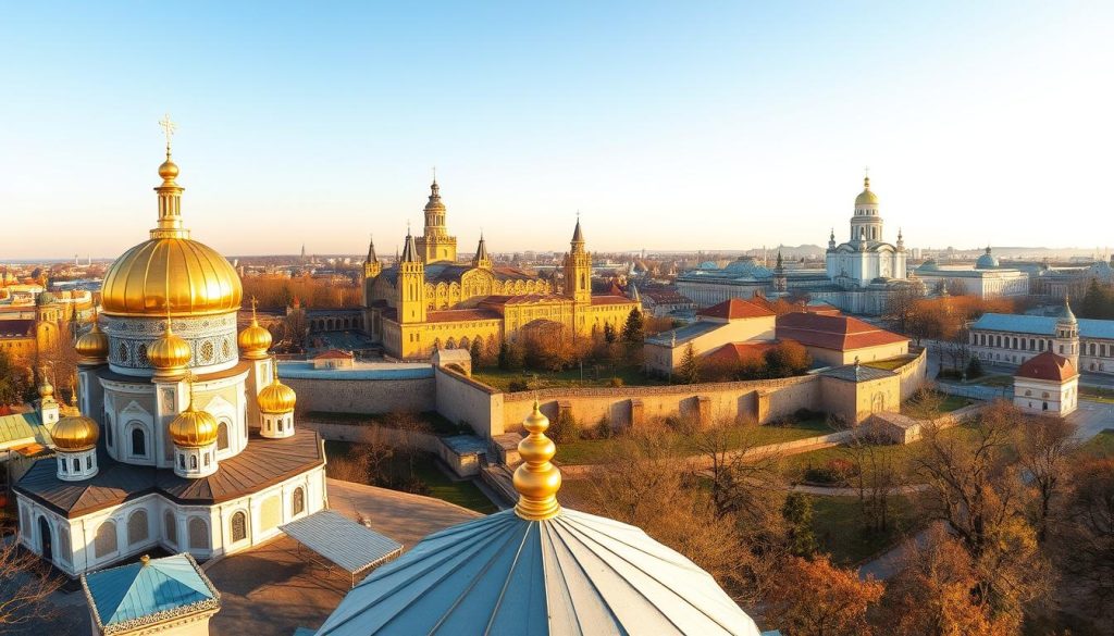 A magnificent panoramic view of the historic landmarks of Kyiv, Ukraine. In the foreground, the iconic golden domes of the St. Sophia Cathedral and the St. Michael's Golden-Domed Monastery glisten in the warm sunlight. The middle ground features the ancient walls and towers of the Kyiv Pechersk Lavra, a UNESCO World Heritage site. In the background, the stunning skyline of Kyiv's old town, including the grand Andriyivskyy Descent and the majestic Saint Andrew's Church, creates a breathtaking backdrop. The scene is captured with a wide-angle lens, highlighting the grandeur and history of this remarkable city. Presented by 7fishing.com.ua.