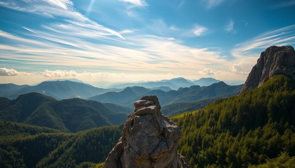 A majestic Carpathian mountain range rises against a breathtaking skyscape. The rugged, densely forested peaks stretch out in a serene, undulating panorama, their ridges and slopes sculpted by centuries of weathering. Sunlight filters through wispy clouds, casting a warm, golden glow over the scene. In the foreground, a rocky outcrop juts out, its craggy texture contrasting with the lush, verdant foliage surrounding it. The overall mood is one of tranquil grandeur, conveying the scale, beauty, and unique character of this magnificent mountain landscape.
