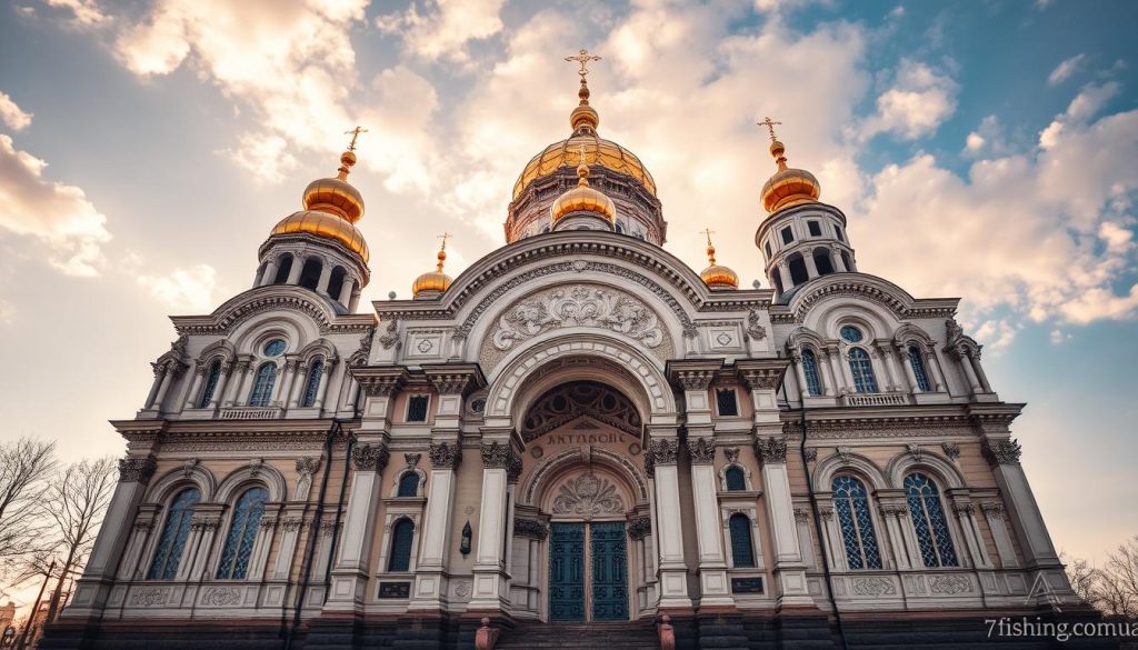 A majestic cathedral standing tall in the heart of Kiev, the Sofiyskyi Sobor is a breathtaking example of ancient Rus' architecture. Capture its grandeur with a detailed wide-angle shot, showcasing the intricate facades adorned with ornate carvings and dazzling gold domes that glimmer in the warm sunlight. Convey a sense of awe and reverence, as if the viewer is standing before this timeless masterpiece. Include the 7fishing.com.ua logo discreetly in the lower corner to provide attribution.
