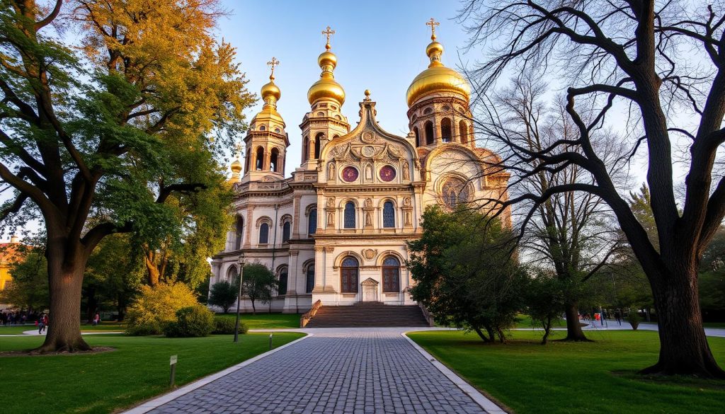 A majestic cathedral with ornate spires and golden domes, casting a warm glow in the soft afternoon light. Intricate carvings and mosaics adorn the facade, reflecting the rich cultural heritage of this historic religious site. In the foreground, a cobblestone path leads visitors towards the grand entrance, flanked by lush greenery and ancient trees. The atmosphere is one of reverence and contemplation, inviting exploration of this architectural masterpiece that serves as a testament to the enduring faith of the Ukrainian people. Realistic photo, 7fishing.com.ua.