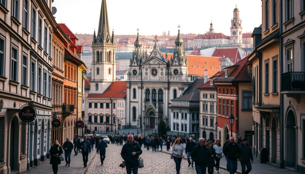 A majestic Dominican Cathedral in the heart of Lviv, Ukraine, its towering spires and intricate Baroque façade bathed in warm, golden light. In the foreground, cobblestone streets wind between historic buildings, while in the middle ground, locals and visitors mingle, captured in a candid moment. The background is filled with the charming rooftops and clock towers that define the city's skyline. The scene exudes a timeless, atmospheric quality, inviting the viewer to step into this cultural and architectural gem. Captured by 7fishing.com.ua, a professional landscape photography service.