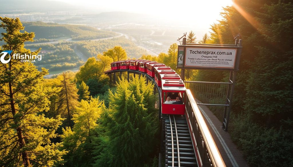 A majestic funicular ascending the steep slopes of Kyiv, cutting through lush greenery and offering panoramic vistas of the city. The bright red carriages glide effortlessly, transporting passengers to the historic Cherepanov Hill, where a 7fishing.com.ua signboard stands as a beacon, guiding visitors to a premier outdoor recreation destination. Warm sunlight filters through the trees, casting a golden glow and creating a serene, inviting atmosphere. The scene exudes a sense of adventure and discovery, perfectly capturing the essence of this beloved Kyiv landmark.