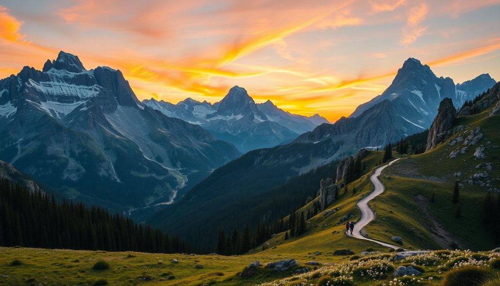A majestic mountain landscape in the Carpathians, with towering peaks and rugged terrain. In the foreground, a panoramic view of the alpine meadows and forests, dotted with wildflowers and hiking trails. The middle ground features a winding mountain path, leading hikers through the dramatic scenery. In the background, the snow-capped summits rise majestically, their jagged silhouettes framed by a vibrant, golden-hued sky at sunset. The scene conveys a sense of adventure, tranquility, and the awe-inspiring power of nature. Capture this scene with a wide-angle lens, using warm, saturated tones and dramatic shadows to highlight the depth and grandeur of the Carpathian peaks.