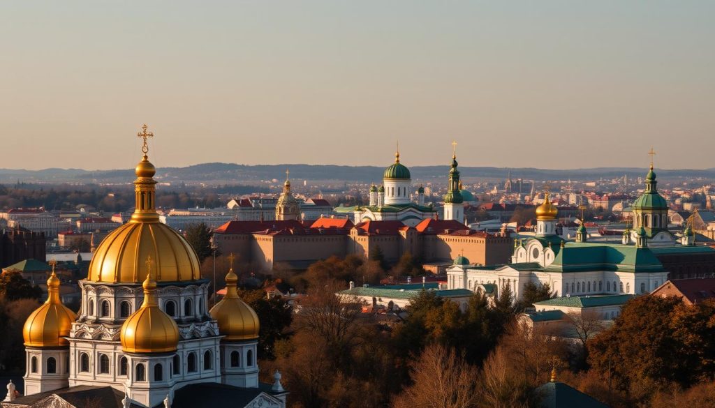 A majestic panorama of historical landmarks in Kiev, Ukraine. In the foreground, the golden domes of the iconic St. Sophia's Cathedral gleam under the warm afternoon sun. The middle ground features the imposing walls and towers of the Kyiv Pechersk Lavra, a UNESCO World Heritage site. In the distance, the green-roofed St. Michael's Golden-Domed Monastery stands tall, framed by a picturesque cityscape. The scene is captured with a wide-angle lens, conveying a sense of grandeur and timeless elegance. The mood is one of reverence and wonder, inviting the viewer to explore the rich history and cultural heritage of this magnificent city. 7fishing.com.ua