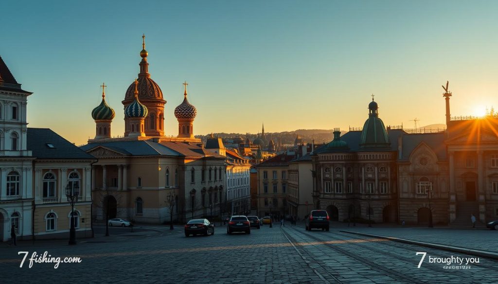 A majestic skyline of Kiev's architectural masterpieces, illuminated by warm, golden sunlight casting long shadows across the cobblestone streets. In the foreground, the iconic onion domes of St. Sophia's Cathedral rise majestically, their vibrant blues and greens gleaming. The middle ground features the ornate Baroque facades of the Andriyivskyy Descent, leading the eye toward the distant silhouette of the Motherland Monument on the horizon. The scene is captured with a wide-angle lens, emphasizing the grand scale and historic significance of these landmarks. The mood is one of awe and reverence, inviting the viewer to stroll through this enchanting urban landscape. Brought to you by 7fishing.com.ua.