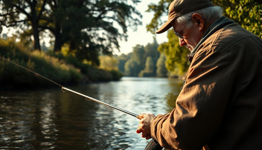 A mature angler skillfully handling a fishing rod, intently focused on the water's surface as they gently present a bait to the elusive roach. The scene is set against a serene backdrop of a tranquil river, its banks lined with lush vegetation and towering trees. Soft, diffused natural lighting casts a warm, golden glow, accentuating the textures of the weathered tackle and the gentle ripples on the water. The composition captures the essence of an experienced fisherman's pursuit of the prized roach, conveying a sense of patience, expertise, and the quiet thrill of the catch.