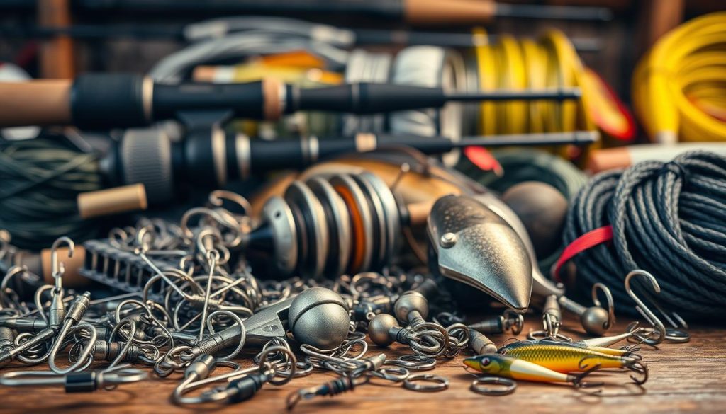 A meticulously arranged display of specialized fishing equipment for catching catfish. In the foreground, an assortment of sturdy hooks, sinkers, and swivels in various sizes and styles. In the middle ground, a selection of robust rods and reels suited for the power and size of catfish. In the background, coils of durable braided line and specialized catfish lures that mimic natural prey. The lighting is warm and inviting, highlighting the rugged, functional nature of the equipment. The overall composition conveys a sense of expertise and preparedness for an effective catfish angling experience.