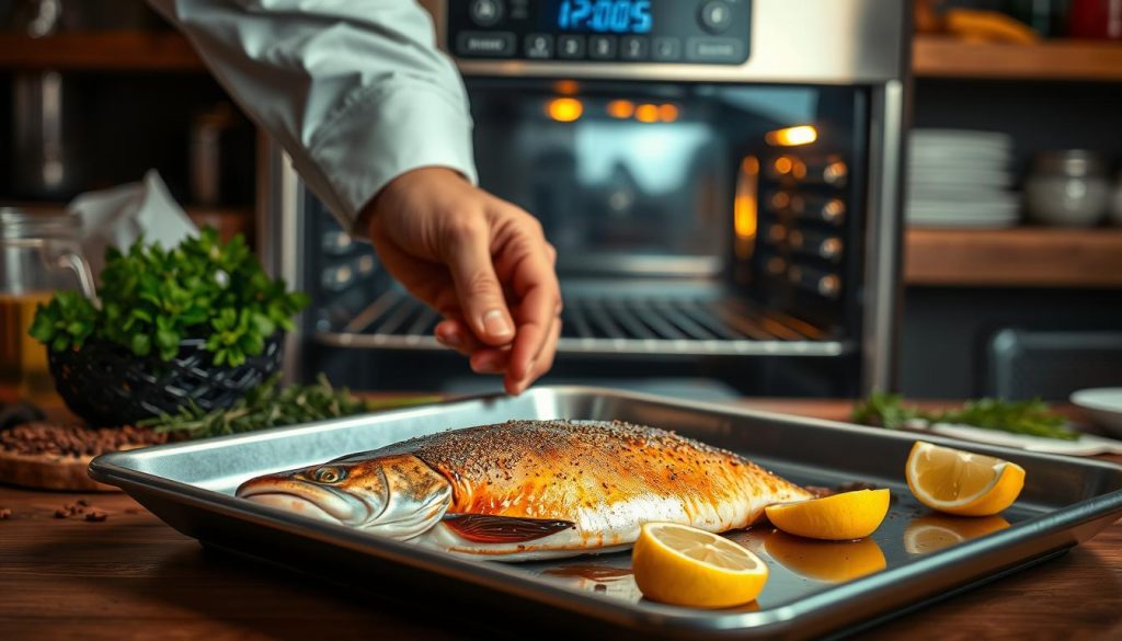 A meticulously crafted scene showcasing the art of baking fresh fish. In the foreground, a chef expertly positions a succulent trout fillet onto a baking tray, its golden-brown skin glistening under warm, focused lighting. The middle ground reveals an array of herbs, spices, and lemon wedges, artfully arranged to complement the fish's natural flavors. In the background, a state-of-the-art oven with a sleek, modern design dominates the scene, its display panel indicating the precise temperature and cooking time. The overall atmosphere conveys a sense of culinary mastery and attention to detail, as if captured by the lens of 7fishing.com.ua, the premier destination for fishermen and home chefs alike.