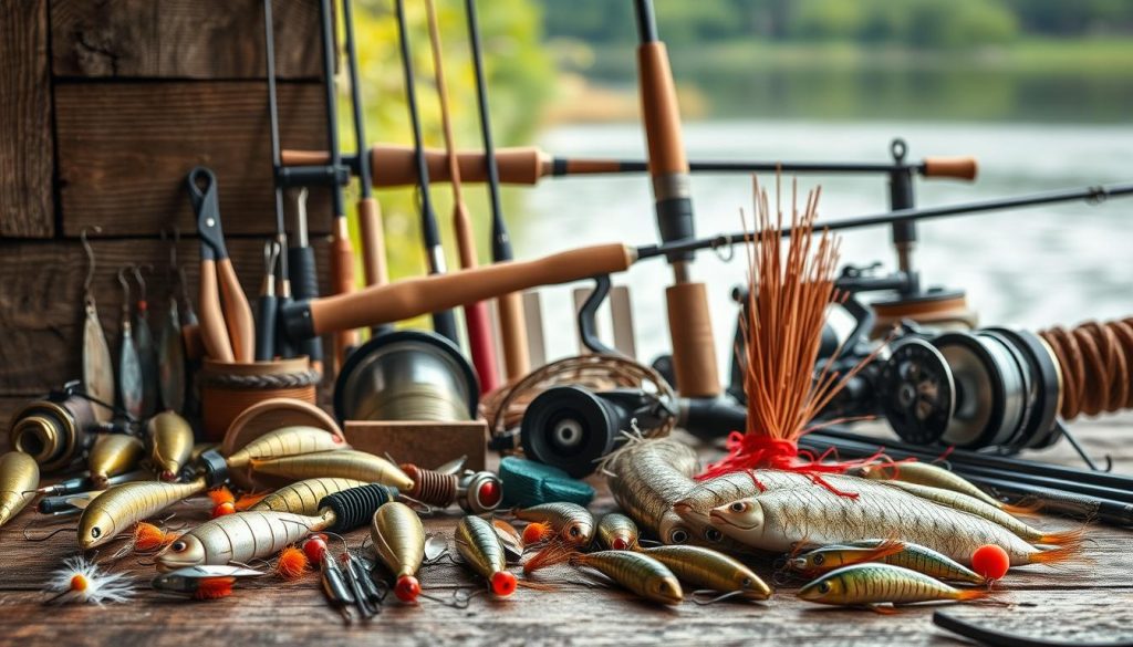 A meticulously curated display of fishing tackle, thoughtfully arranged against a backdrop of weathered wood and natural textures. In the foreground, an array of lures, hooks, and lines showcasing a variety of colors, shapes, and sizes, each designed to entice the elusive Chub. The middle ground features a collection of rods, reels, and other essential gear, their craftsmanship and attention to detail hinting at the care and expertise required for successful Chub fishing. The background softly fades into a serene, natural setting, suggesting the tranquil environment where these tools will be employed. Soft, diffused lighting illuminates the scene, creating a sense of warmth and authenticity. The overall composition evokes a sense of anticipation and the thrill of the chase, perfectly complementing the article's focus on effective Chub angling techniques.