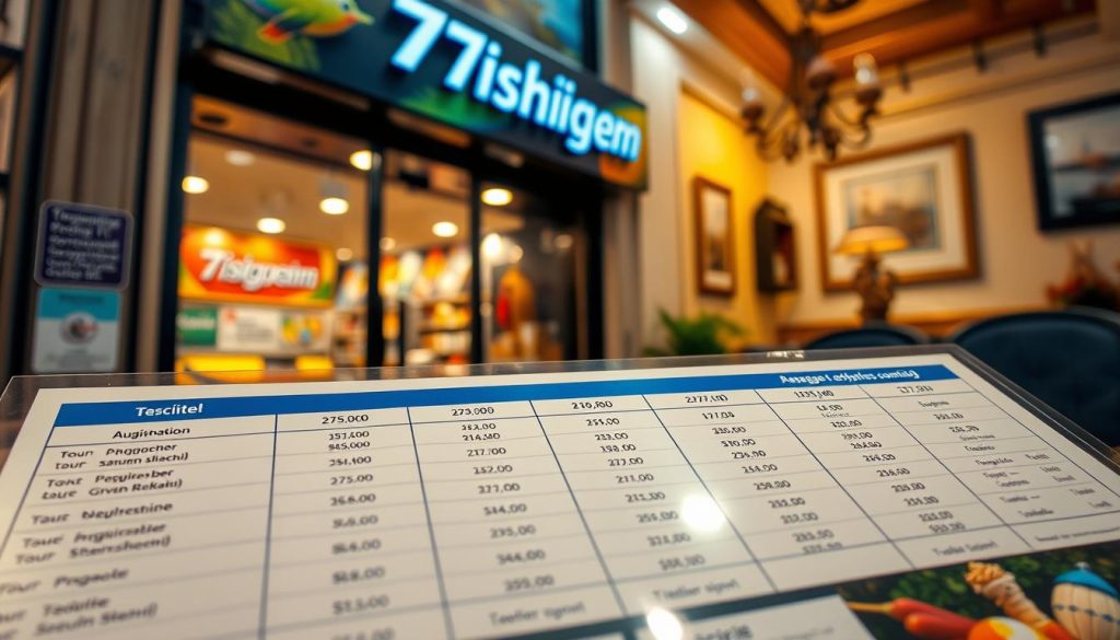 A meticulously detailed, realistic photograph of a vibrant display showcasing the prices and packages for bus tours. The foreground features a crisp, high-resolution table outlining the various tour options, including destinations, durations, and costs. The middle ground depicts a well-designed tour agency storefront, with the "7fishing.com.ua" branding prominently displayed. The background sets the scene with a cozy, inviting interior, with warm lighting and tasteful decor that evokes a sense of travel and exploration. The overall composition strikes a balance between informative and visually captivating, perfectly suited to illustrate the "Цены и условия автобусных туров" section of the article.