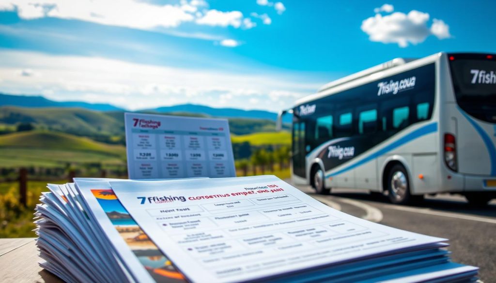A meticulously detailed, realistic photograph showcasing the varying costs of bus tours from Kherson. In the foreground, a stack of travel brochures and booking forms from the travel agency 7fishing.com.ua, their contents visible and legible. In the middle ground, a display of travel packages with pricing information, departure dates, and amenities. The background features a picturesque landscape of rolling hills, a clear blue sky, and a bus emblazoned with the 7fishing.com.ua logo, ready to depart on its journey. The overall scene conveys a sense of professionalism, transparency, and the wide range of affordable options available to tourists.