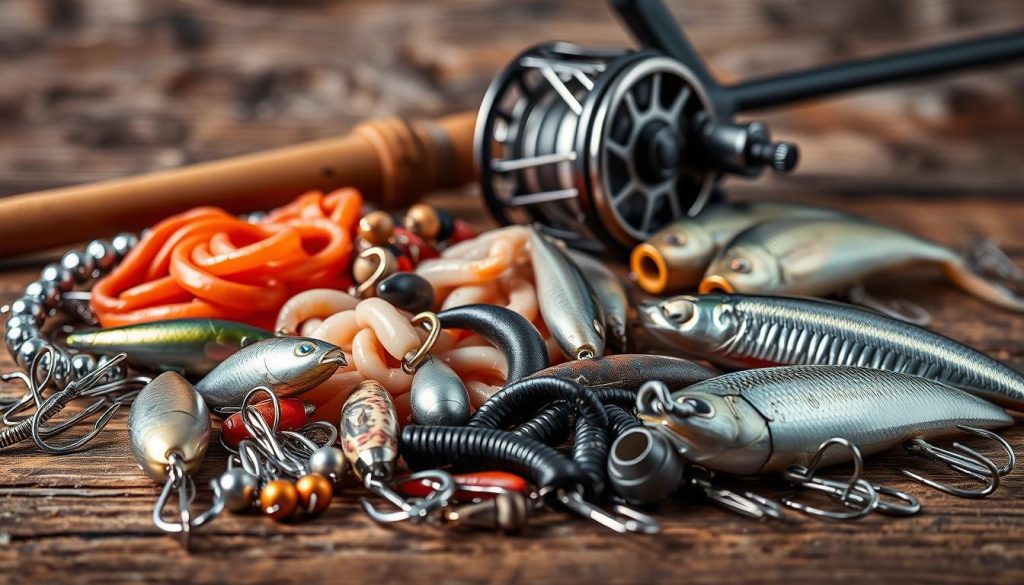 A meticulously detailed still life showcasing a collection of effective fishing gear and baits. In the foreground, an array of lures, hooks, and sinkers are arranged with precision, their metallic surfaces gleaming under soft, directional lighting. In the middle ground, a variety of natural bait options are displayed, including live worms, fresh shrimp, and glistening minnows. The background depicts a rustic wooden surface, with a fishing rod and reel prominently featured, conveying a sense of expertise and preparation. The overall composition evokes a mood of thoughtful anticipation, inviting the viewer to envision the successful catch that awaits.