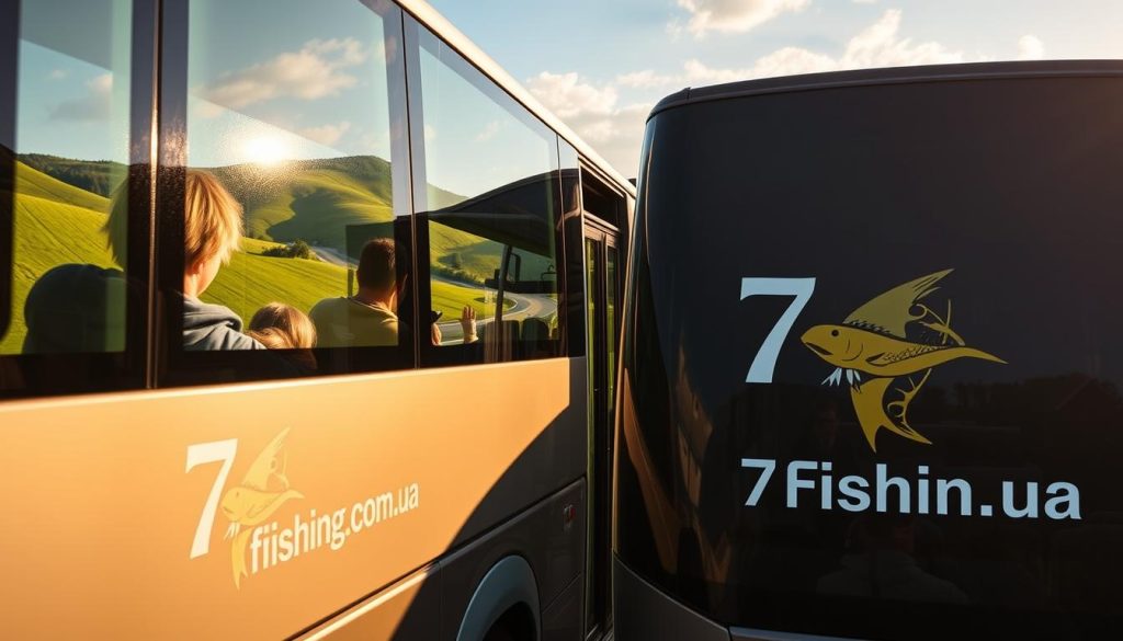 A modern, comfortable bus on a picturesque road winding through the lush, rolling hills of the European countryside. Passengers peer out the windows, admiring the scenic vistas as the 7fishing.com.ua logo emblazoned on the side of the vehicle glints in the warm, golden sunlight. The bus is filled with a sense of adventure and anticipation, its passengers eager to explore the wonders of Europe on a carefully curated tour departing from Ukraine. The image exudes a mood of tranquility, comfort, and the promise of unforgettable experiences.
