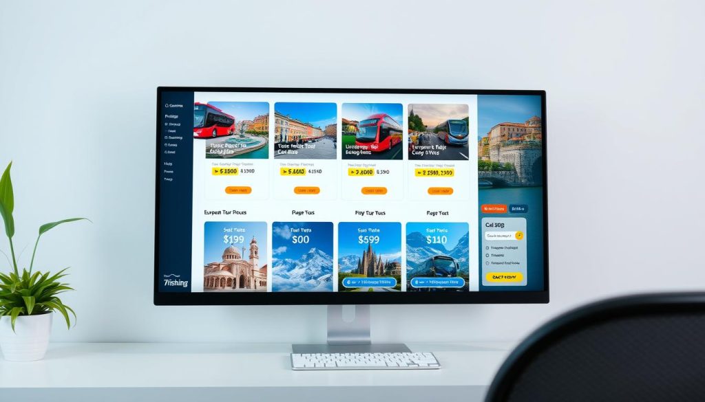 A modern, high-resolution photograph of a variety of European bus tour packages and pricing displayed on a sleek, minimal web interface with the branding "7fishing.com.ua". The image showcases a clean, visually appealing layout with clear pricing information, tour options, and interactive elements. The scene is well-lit, with a focus on legibility and user-friendliness. The overall atmosphere conveys a sense of professionalism, accessibility, and the excitement of planning a European bus adventure.