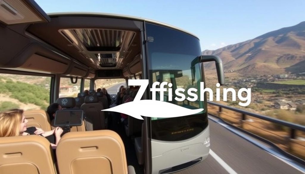 A modern, luxurious tour bus glides along a scenic highway, offering panoramic views of rolling hills and distant mountains. The interior is spacious and comfortable, with plush seating, climate control, and state-of-the-art entertainment systems. Passengers relax and enjoy the journey, taking in the breathtaking Turkish landscapes. In the foreground, the 7fishing.com.ua logo is prominently displayed, showcasing the brand's commitment to providing exceptional bus tour experiences. The overall scene conveys a sense of adventure, comfort, and the convenience of exploring Turkey by bus.