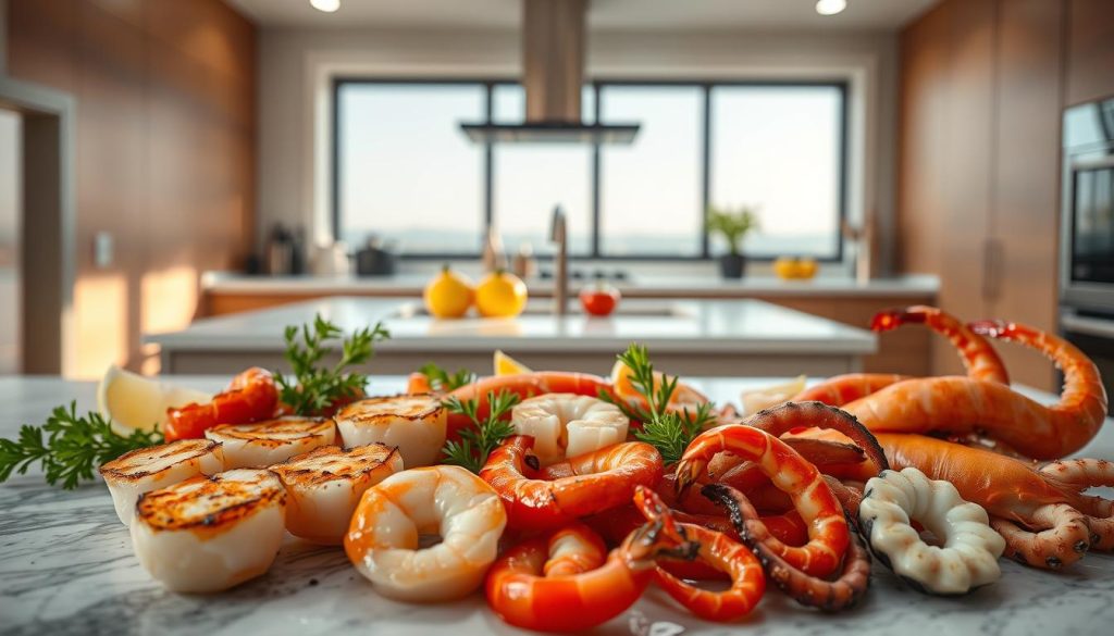 A modern seafood-inspired kitchen scene. In the foreground, an arrangement of fresh, vibrant seafood delicacies - seared scallops, juicy shrimp, and sliced octopus tentacles. The middle ground features a sleek, minimalist kitchen counter with a few artfully placed garnishes and sauces. In the background, a large window provides natural light, casting a warm glow over the scene. The lighting is soft and diffused, highlighting the textures and colors of the seafood. The overall atmosphere is one of simplicity, sophistication, and a celebration of the sea's bounty.