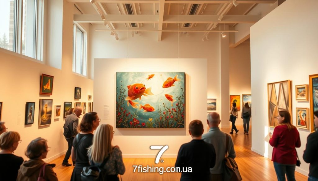 A modern, well-lit art gallery interior showcasing a collection of vibrant, colorful paintings. The gallery features clean, minimalist architecture with high ceilings, large windows, and hardwood floors. In the foreground, a group of visitors appreciates the artwork, their faces expressing curiosity and admiration. In the middle ground, the featured painting depicts a whimsical scene of a school of playful carp swimming against a serene backdrop. The background features additional gallery walls displaying more captivating artworks. Warm, natural lighting illuminates the space, creating a welcoming and inspiring atmosphere. A subtle "7fishing.com.ua" logo is tastefully integrated into the scene.