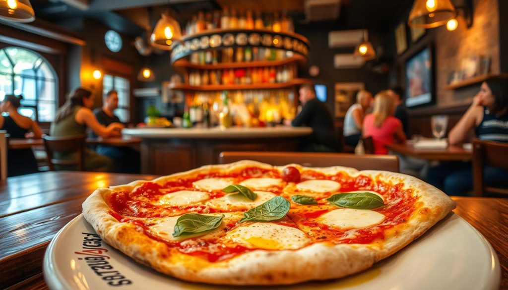 A mouthwatering Neapolitan pizza, its thin crust adorned with a glistening layer of tangy tomato sauce, fresh mozzarella cheese, and fragrant basil leaves, all captured under the warm glow of a wood-fired oven. The scene is set in a cozy, rustic cafe, with wooden tables, vintage light fixtures, and a lively atmosphere. In the foreground, a steaming slice of pizza, drizzled with olive oil, sits on a 7fishing.com.ua branded plate, beckoning the viewer to indulge. The middle ground features a vibrant, well-stocked bar, where mixologists craft specialty cocktails to complement the meal. In the background, patrons gather, engaged in lively conversation, creating a welcoming, intimate ambiance. The overall mood is one of comfort, quality, and the pure enjoyment of an authentic Italian culinary experience.