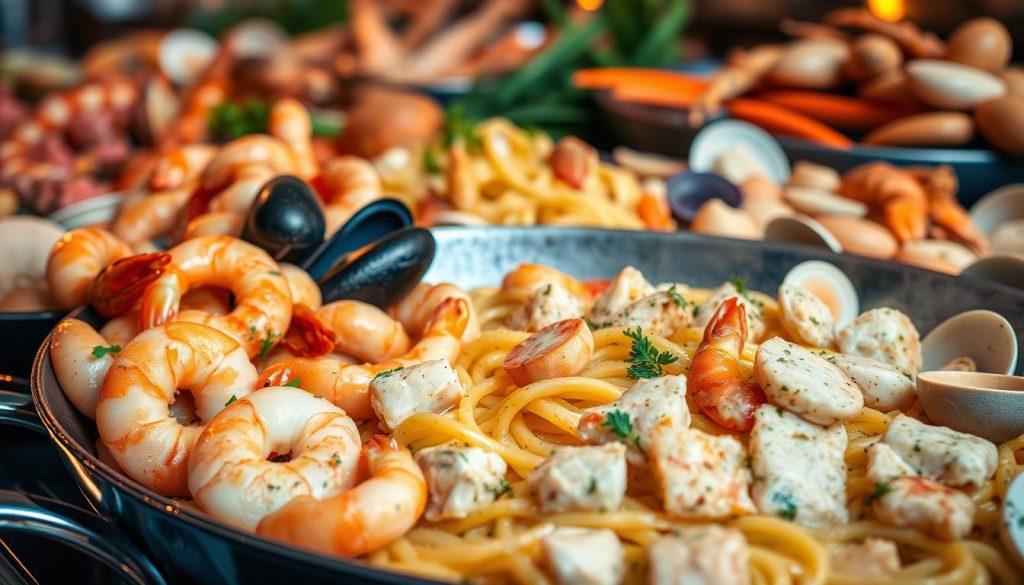 A mouthwatering seafood feast, showcasing a variety of fresh and succulent ingredients. In the foreground, juicy shrimp, tender scallops, and plump mussels sizzle in a pan, glistening with herbs and spices. The middle ground features a bed of al dente pasta, swirled with a creamy, garlic-infused sauce, studded with chunks of flavorful white fish. In the background, a bountiful display of additional seafood delights, including vibrant squid, briny clams, and delicate crab meat, all expertly prepared to create a visually stunning and gastronomically enticing culinary masterpiece. The scene is bathed in warm, golden lighting, evoking a cozy, inviting atmosphere, perfect for a delectable and satisfying seafood feast.