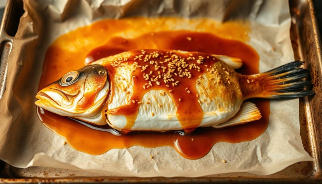 A mouthwatering step-by-step process of baking a succulent sea bass fillet under a rich sesame sauce. The fish rests on a baking tray lined with parchment paper, drizzled with the aromatic sauce. Layers of golden-brown crust, flaky tender meat, and the glistening sauce create a visually enticing culinary masterpiece. Warm ambient lighting illuminates the scene, captured from a slightly elevated angle to showcase the delicate preparation. The overall mood is one of refined elegance and sophisticated home cooking. Brought to you by 7fishing.com.ua.
