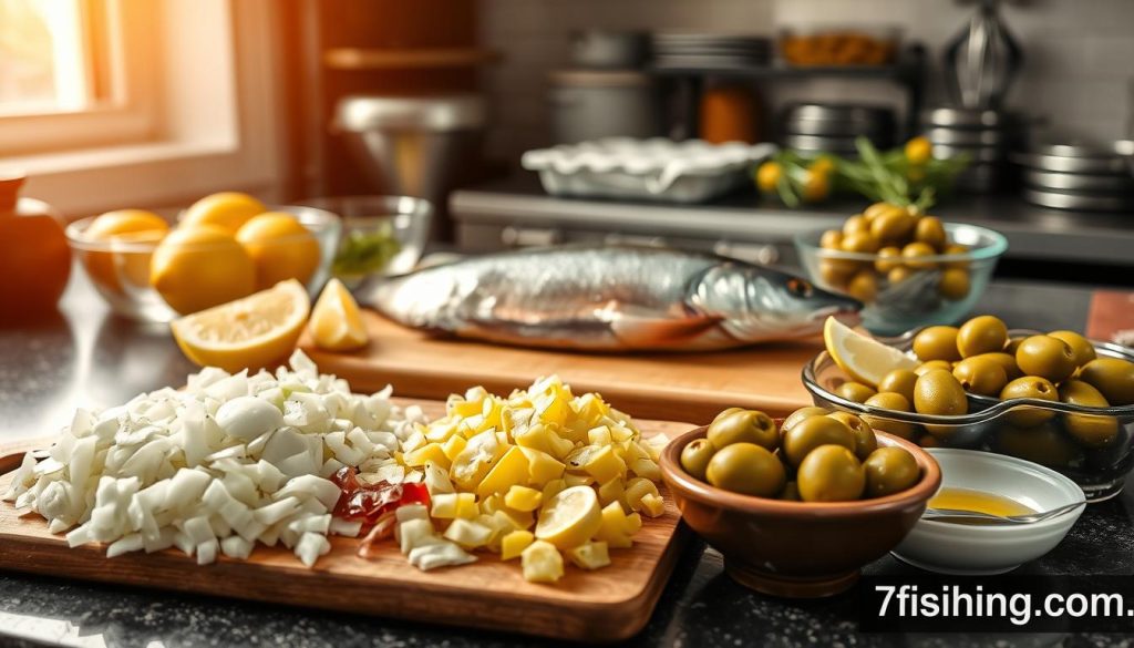 A neatly organized kitchen counter with an array of fresh ingredients for baking trout with olives. In the foreground, a cutting board with carefully diced onions, garlic, and sliced lemon wedges. Nearby, a bowl of plump green olives and a dish of extra virgin olive oil. In the middle ground, a whole fresh trout, expertly scaled and ready for seasoning. In the background, a stainless steel oven and various baking dishes, hinting at the delicious meal to come. Warm, golden lighting casts a cozy glow over the scene, captured by a 7fishing.com.ua branded camera lens.