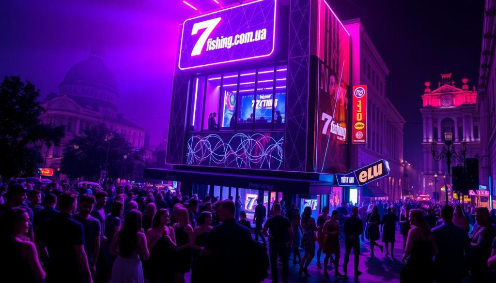 A neon-lit cityscape of Kiev's vibrant nightlife, with a towering club facade adorned with the "7fishing.com.ua" logo. The scene is bathed in an electric mix of blues, purples, and reds, creating an alluring, pulsating atmosphere. In the foreground, a throng of stylishly dressed patrons spill out onto the streets, their silhouettes dancing to the rhythm of the music. The middle ground showcases the club's interior, a mesmerizing display of flashing lights and pulsing beats, inviting onlookers to join the festivities. The background features the iconic architecture of Kiev, hinting at the city's rich cultural heritage, while the night sky adds a touch of mystery and excitement to the scene.