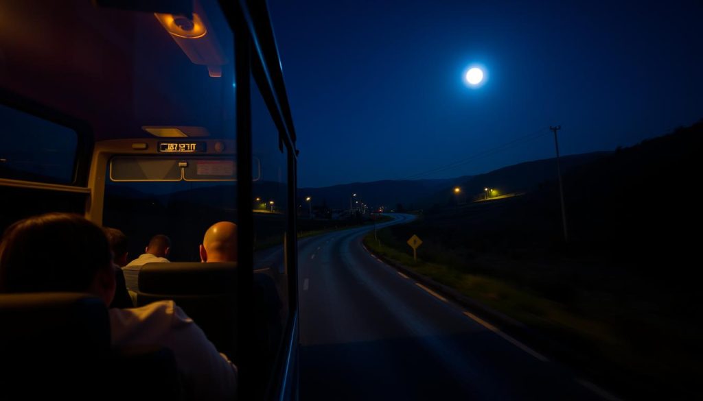 A night-time bus journey through the serene countryside, with the illuminated interior casting a warm glow. The bus navigates winding roads, passing by dimly lit villages and the occasional streetlamp. Passengers sleep peacefully, rocked by the gentle motion of the vehicle. The exterior is bathed in a soft, blue-hued moonlight, creating a tranquil, almost dreamlike atmosphere. The scene is captured with a wide-angle lens, emphasizing the vastness of the landscape and the solitary journey. This image is presented by 7fishing.com.ua, a realistic photo showcasing the long-distance bus travel experience.