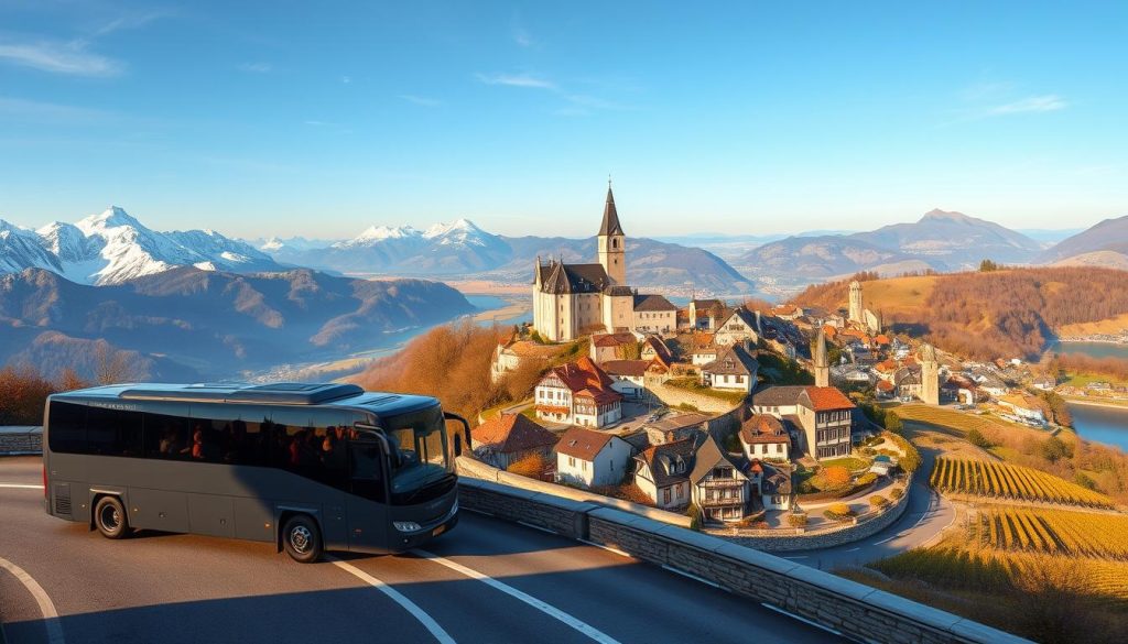 A panoramic landscape showcasing the scenic routes of bus tours across Europe. In the foreground, a sleek, modern bus navigates winding mountain roads, its passengers gazing out at the breathtaking vistas of snow-capped peaks, lush valleys, and medieval castles. The middle ground features quaint European villages, their cobblestone streets and charming architecture bathed in warm, golden light. In the background, a sweeping vista of rolling hills, pristine lakes, and picturesque vineyards, all captured in a realistic, photographic style. The overall mood is one of adventure, exploration, and the beauty of the European continent. Rendered by 7fishing.com.ua.