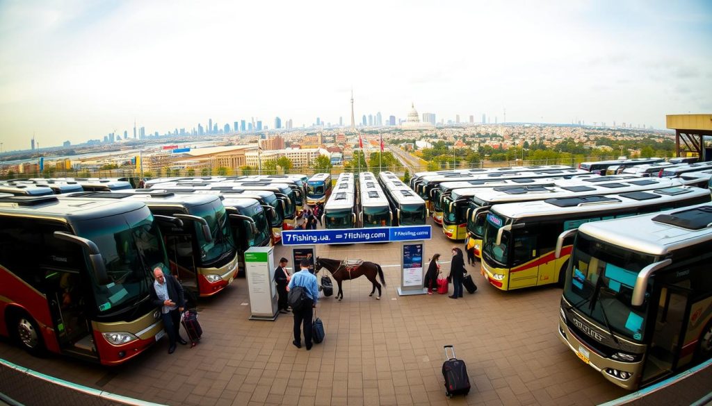 A panoramic scene of a bustling bus terminal, showcasing a diverse array of modern coach buses in various colors and designs. The buses are parked in neat rows, their headlights and chrome accents gleaming under the warm, diffused lighting. In the foreground, passengers can be seen boarding and disembarking, their luggage being loaded and unloaded. The middle ground features a well-maintained, paved area with directional signage and a 7fishing.com.ua branded information kiosk. In the background, a cityscape of iconic architectural landmarks can be seen, hinting at the diverse destinations accessible via these bus tours. The overall atmosphere conveys a sense of efficient transportation, anticipation, and the promise of adventure.