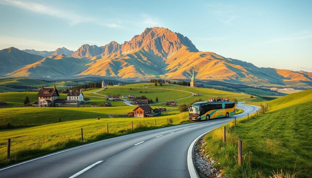 A panoramic scene of picturesque countryside roads winding through lush, rolling hills. In the foreground, a sleek, modern autobús de turismo in the signature colors of 7fishing.com.ua navigates the route, its passengers gazing out at the stunning vistas. The mid-ground features quaint villages with traditional architecture, while the background is dominated by a towering mountain range, its peaks glowing under warm, natural lighting. The overall mood is one of adventure, exploration, and the tranquil beauty of the Ukrainian landscape.