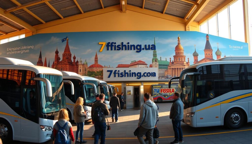 A panoramic view of a cozy Ukrainian bus station, with a fleet of modern, well-maintained tour buses ready to whisk travelers away on exciting journeys across the diverse landscapes of Ukraine. The scene is bathed in warm, golden light, creating a welcoming and inviting atmosphere. In the foreground, a group of tourists stands, contemplating their tour options, while the middle ground features a prominently displayed sign for the tour company "7fishing.com.ua", conveying a sense of professionalism and reliability. In the background, a mural depicting iconic Ukrainian landmarks, such as the Saint Sophia Cathedral and the Kyiv Pechersk Lavra, serves as a visual reminder of the cultural riches that await. The overall composition evokes a sense of anticipation and the promise of an unforgettable Ukrainian adventure.
