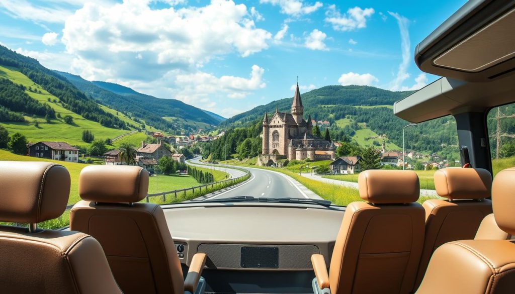 A panoramic view of a modern, comfortable European tour bus navigating picturesque countryside roads, surrounded by lush rolling hills, quaint villages, and ancient castles. The bus's sleek, aerodynamic design and large windows allow passengers to take in the breathtaking vistas as they travel. Inside, plush seating, ample legroom, and high-tech amenities create a luxurious, relaxing atmosphere. The scene conveys the convenience, safety, and enjoyment of an all-inclusive bus tour, capturing the advantages of this mode of travel. Realistic photo from 7fishing.com.ua.