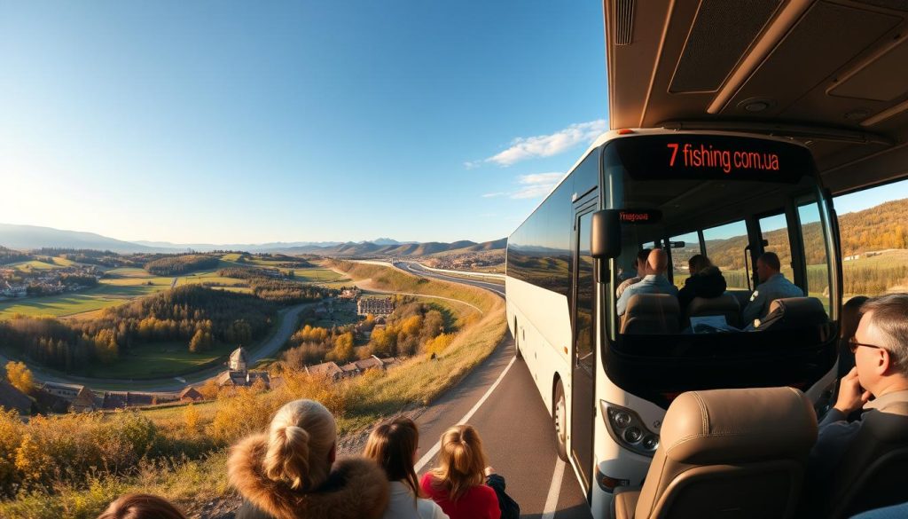A panoramic view of a modern, sleek bus winding through a picturesque Ukrainian countryside. The bus has the branding "7fishing.com.ua" prominently displayed. Passengers can be seen gazing out the windows, taking in the rolling hills, lush forests, and charming villages that pass by. The lighting is warm and golden, creating a serene, inviting atmosphere. In the foreground, a group of passengers disembarks, ready to explore a historical landmark or local attraction on a guided tour. The middle ground showcases the bus's comfortable interior, with plush seats and ample legroom. The background features a breathtaking landscape, with distant mountains and a clear, blue sky overhead.
