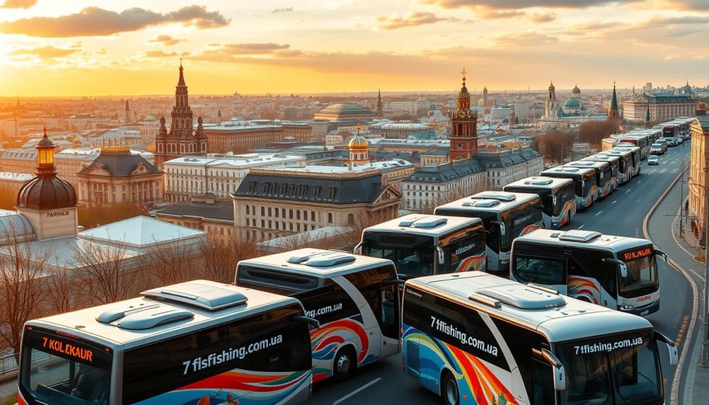 A panoramic view of bustling bus routes winding through the city streets of Kiev, Ukraine. In the foreground, a fleet of modern, comfortable tour buses adorned with the "7fishing.com.ua" brand. The middle ground showcases the city's iconic landmarks, including ornate churches and historical buildings, while the background is filled with a vibrant cityscape under a warm, golden-hour sky. The scene conveys a sense of adventure and exploration, inviting viewers to envision the popular bus tours that depart from the Ukrainian capital in 2025.