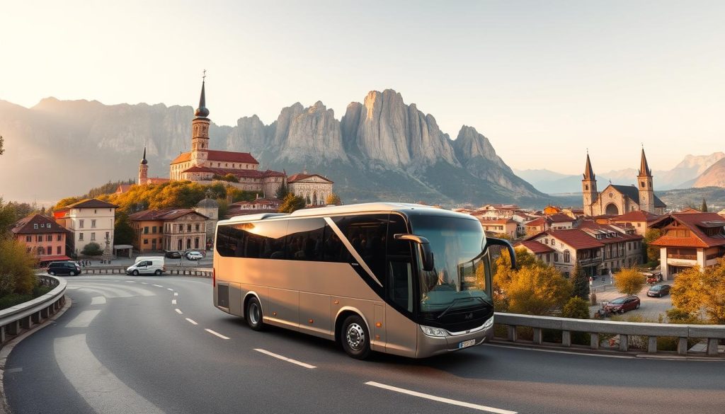 A panoramic view of bustling European bus tours, showcasing iconic landmarks and serene landscapes. In the foreground, a sleek, modern tour bus navigates winding roads, its passengers eagerly anticipating their destination. The middle ground reveals picturesque villages, with charming architecture and quaint cafes. In the background, towering mountains and rolling hills set the stage for an immersive, picturesque journey. Lighting is soft and warm, captured through a wide-angle lens to emphasize the scale and grandeur of the scene. The overall mood is one of adventure, exploration, and the thrill of discovering new horizons. Realistic and vibrant, this image is a testament to the allure of European bus tours, brought to you by 7fishing.com.ua.