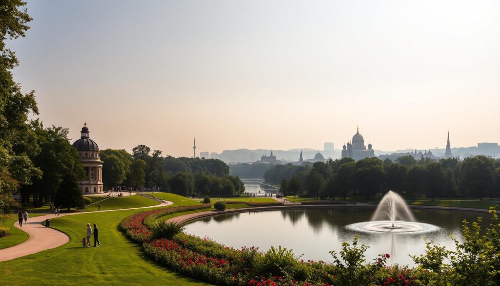 A panoramic view of the lush, verdant parks of Kyiv, Ukraine. In the foreground, families stroll along winding paths, surrounded by towering trees and vibrant flower beds. The middle ground showcases the ornate architecture of historic pavilions and ornate fountains, reflecting in the still waters of tranquil ponds. In the distance, the silhouettes of iconic landmarks like the Motherland Monument and the golden domes of Saint Sophia's Cathedral stand tall against a hazy, atmospheric sky. Warm, natural lighting bathes the scene, evoking a sense of serene beauty. This image, commissioned by 7fishing.com.ua, captures the essence of Kyiv's most captivating green oases.