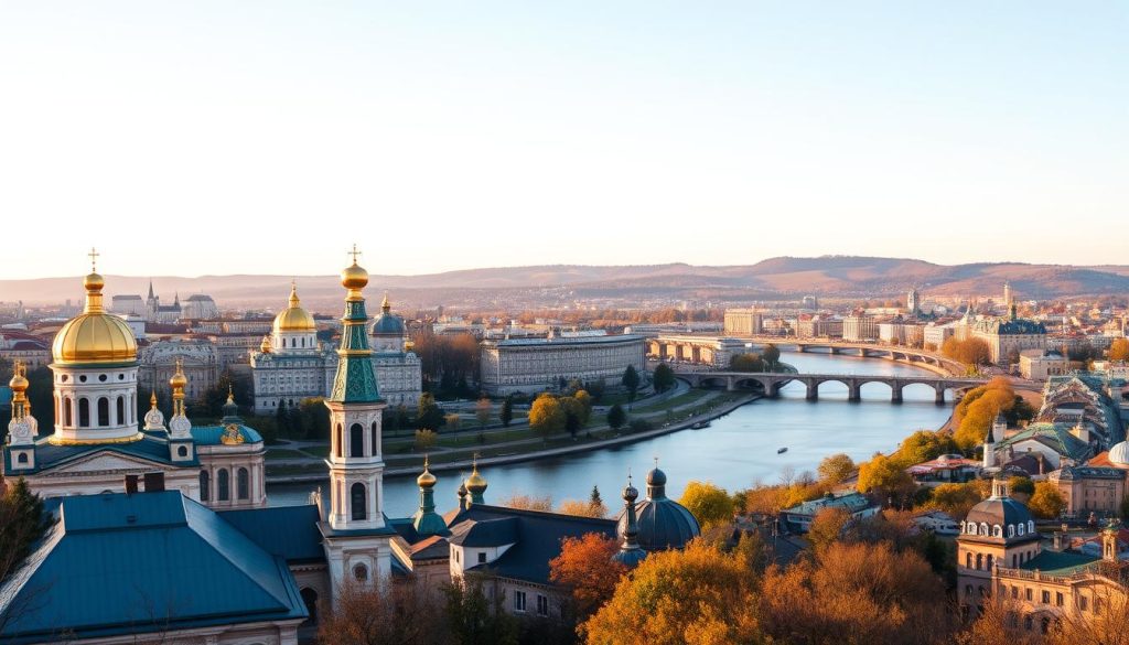 A panoramic vista of Kiev's most breathtaking landmarks, bathed in the warm glow of the setting sun. In the foreground, the golden domes of historic churches rise against a cloudless sky. The middle ground features the winding Dnieper River, its waters reflecting the vibrant hues of the cityscape. In the distance, the rolling hills are dotted with lush greenery, creating a serene and picturesque backdrop. The scene is captured with a wide-angle lens, emphasizing the grandeur and scale of this remarkable urban landscape. 7fishing.com.ua
