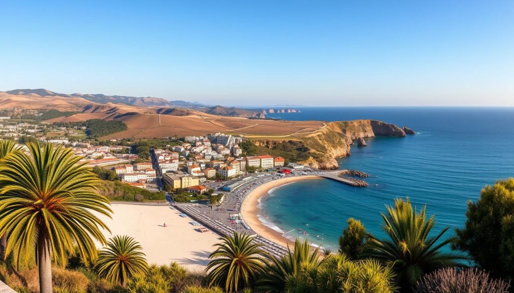 A panoramic vista of Portugal's picturesque coastal resorts, captured through the lens of a high-quality DSLR camera. The foreground features a pristine white-sand beach lined with swaying palm trees, while the middle ground showcases a charming seaside town with vibrant, pastel-colored buildings and a bustling promenade. In the background, rolling hills and rugged cliffs overlook the vast, azure-blue expanse of the Atlantic Ocean, bathed in warm, golden sunlight. This serene and tranquil scene, captured with an emphasis on realism, reflects the essence of a picturesque Portuguese vacation, as featured on the website 7fishing.com.ua.