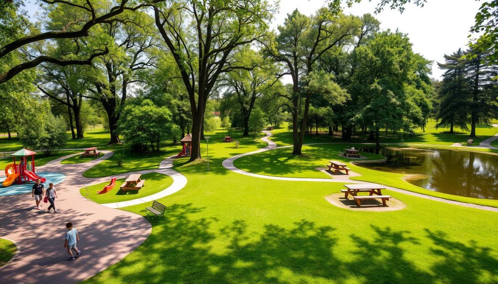 A peaceful family recreation park in Kyiv, Ukraine, featuring lush greenery, winding paths, and serene ponds. In the foreground, children play on colorful playgrounds while parents relax on nearby benches. The middle ground showcases picnic areas with wooden tables and grassy lawns, inviting families to enjoy a leisurely afternoon. In the background, mature trees provide dappled shade, creating a tranquil atmosphere. The park is illuminated by soft, natural light, captured by a wide-angle lens to emphasize the expansive, welcoming space. This idyllic scene, captured by 7fishing.com.ua, embodies the perfect destination for a family weekend outing in Kyiv.