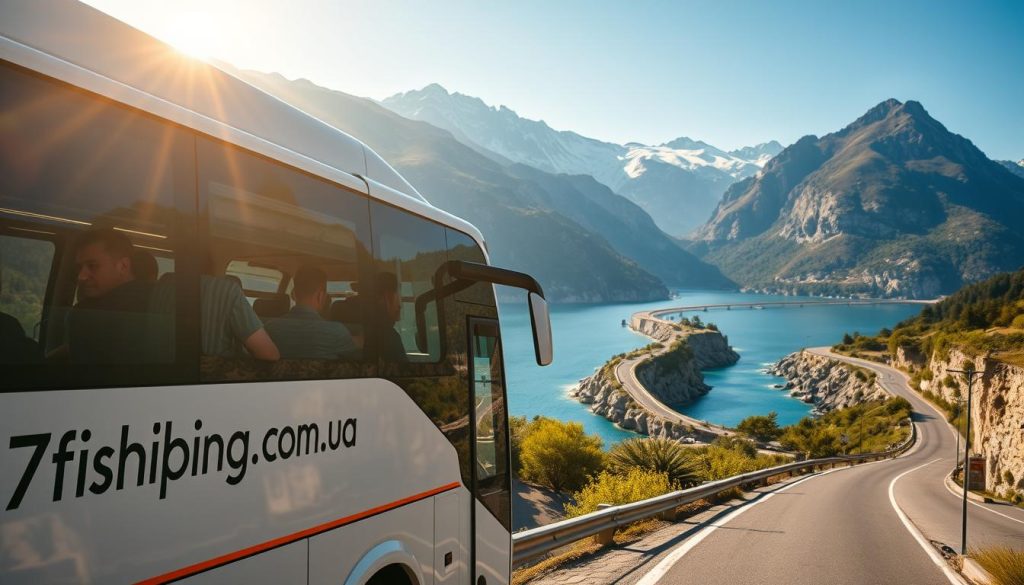 A peaceful, sun-drenched scene of a modern, comfortable tourist bus traveling along a picturesque coastal road in Bulgaria. The bus features the branding "7fishing.com.ua" on its side. In the foreground, passengers gaze out the windows, taking in the stunning seaside vistas of rugged cliffs, crystal-clear waters, and lush greenery. The middle ground showcases the bus navigating winding mountain passes, while the background is filled with majestic, snow-capped peaks. The lighting is warm and natural, creating a calming, inviting atmosphere. The image conveys the sense of adventure and scenic beauty characteristic of a bus tour through the stunning landscapes of Bulgaria from Odesa.