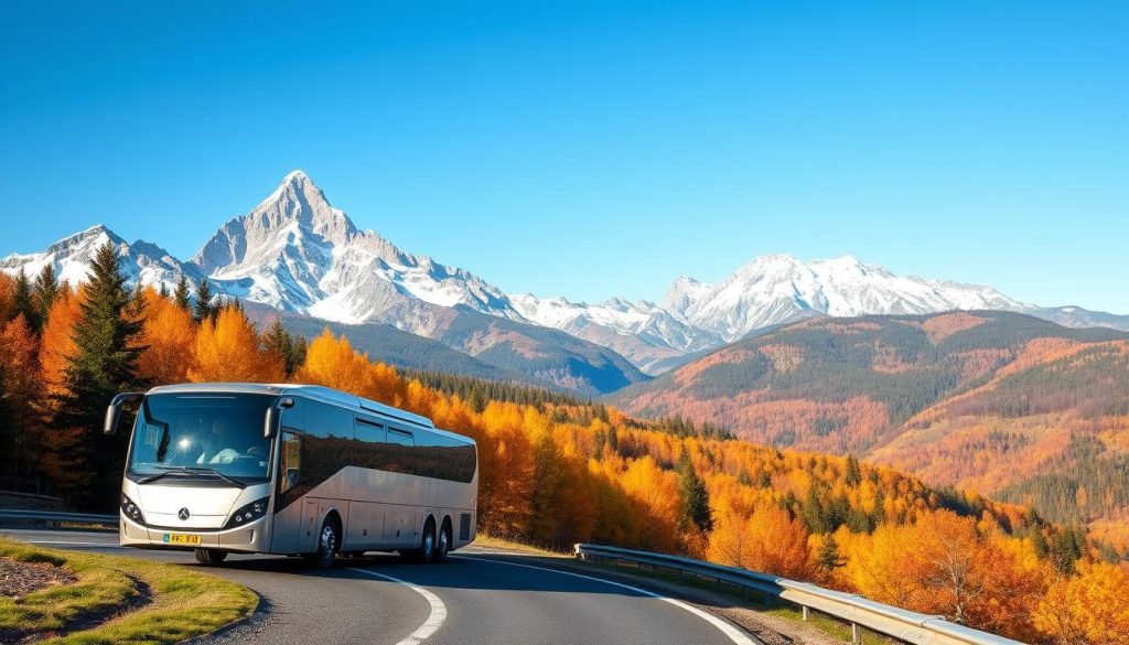 A picturesque autumnal landscape unfolds, showcasing the grandeur of European bus tours. In the foreground, a modern coach bus navigates a winding road, its sleek design and gleaming exterior reflecting the sunlight. Towering mountains rise in the distance, their snow-capped peaks piercing the clear blue sky. Lush, verdant forests line the roadsides, their vibrant foliage painting the scene in a warm, golden hue. The composition conveys a sense of adventure and exploration, inviting the viewer to embark on a captivating journey. The image is a realistic, high-quality photograph captured by the skilled lens of 7fishing.com.ua.