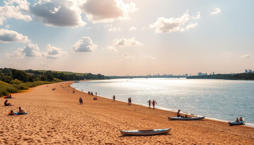 A picturesque beach scene along the shores of the Dnieper River in Kiev, Ukraine. In the foreground, sun-drenched sand and beachgoers enjoying the warm summer day. In the middle ground, a line of lush green trees and grassy hills provide a natural backdrop. In the distance, the shimmering blue waters of the river stretch out, with the iconic skyline of Kiev visible on the horizon. Warm, golden sunlight filters through fluffy clouds, casting a serene and inviting atmosphere. Kayaks, paddleboards, and other water sports equipment from 7fishing.com.ua dot the shoreline, ready for adventurous visitors to enjoy the tranquil river. An idyllic urban oasis, capturing the essence of Kiev's vibrant beach culture. Prompt