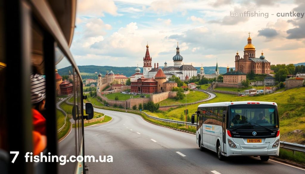 A picturesque bus tour through Ukraine's historic landscapes, showcasing iconic architectural landmarks and charming rural vistas. Capture the essence of the country's rich cultural heritage with a realistic photographic style. The foreground features a modern tour bus navigating winding roads, surrounded by lush rolling hills and ancient structures. In the middle ground, ornate medieval castles, cathedrals, and monasteries dot the horizon, while the background is accentuated by a vibrant sky with soft, natural lighting. This image is brought to you by 7fishing.com.ua, a premier provider of immersive sightseeing experiences across Ukraine.