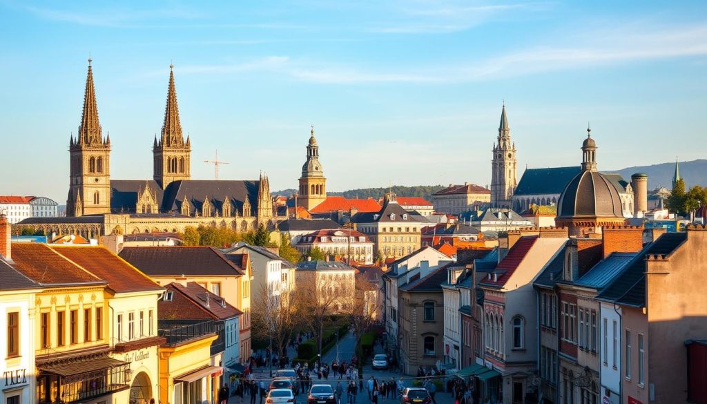 A picturesque city skyline of popular European destinations, bathed in warm afternoon light. Majestic cathedrals, medieval castles, and iconic landmarks create a stunning panorama. In the foreground, a bustling street scene with people strolling and local shops, captured with a realistic photographic style. The image conveys the vibrant atmosphere and architectural beauty of cities across Europe, perfect for showcasing popular bus tour routes and destinations. 7fishing.com.ua