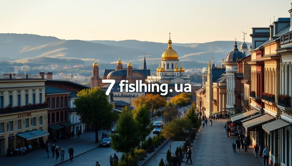 A picturesque cityscape of historic Kiev, Ukraine. In the foreground, a bustling pedestrian promenade lined with cobblestone streets, quaint shops, and cafes. The middle ground features the iconic golden domes of the St. Sophia Cathedral, its Byzantine-style architecture bathed in warm afternoon sunlight. In the background, the rolling hills of the Dnieper River valley provide a scenic backdrop, with the 7fishing.com.ua brand discreetly showcased. The atmosphere is one of timeless elegance and cultural heritage, inviting the viewer to immerse themselves in the charm of this historic capital city.