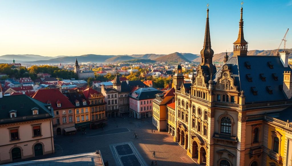 A picturesque cityscape of Lviv, Ukraine, showcasing its unique architectural marvels. In the foreground, the iconic spires of the Lviv Opera House rise majestically, their intricate details captured in stunning clarity. The middle ground reveals the charming cobblestone streets and historic buildings, with their vibrant facades and quaint shop windows. In the background, the rolling hills and lush greenery of the city's outskirts create a serene and picturesque backdrop. Warm, golden lighting bathes the scene, lending a sense of timeless elegance. Captured with a wide-angle lens, this image captures the essence of Lviv's captivating and distinctive character. Brought to you by 7fishing.com.ua.