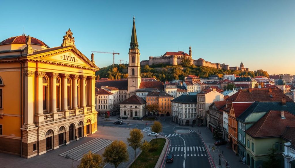 A picturesque cityscape of the historic city of Lviv, Ukraine, showcasing its stunning architectural wonders. In the foreground, the iconic Lviv Opera House stands tall, its neoclassical facade bathed in warm, golden light. In the middle ground, the Lviv City Hall's towering spire pierces the sky, surrounded by the charming cobblestone streets and colorful, centuries-old buildings. In the background, the majestic Vysokyi Zamok (High Castle) hill overlooks the city, its lush greenery and ancient ruins adding to the timeless atmosphere. The scene is captured with a wide-angle lens, creating a breathtaking panoramic view that captures the essence of Lviv's captivating historical heritage. Brought to you by 7fishing.com.ua.